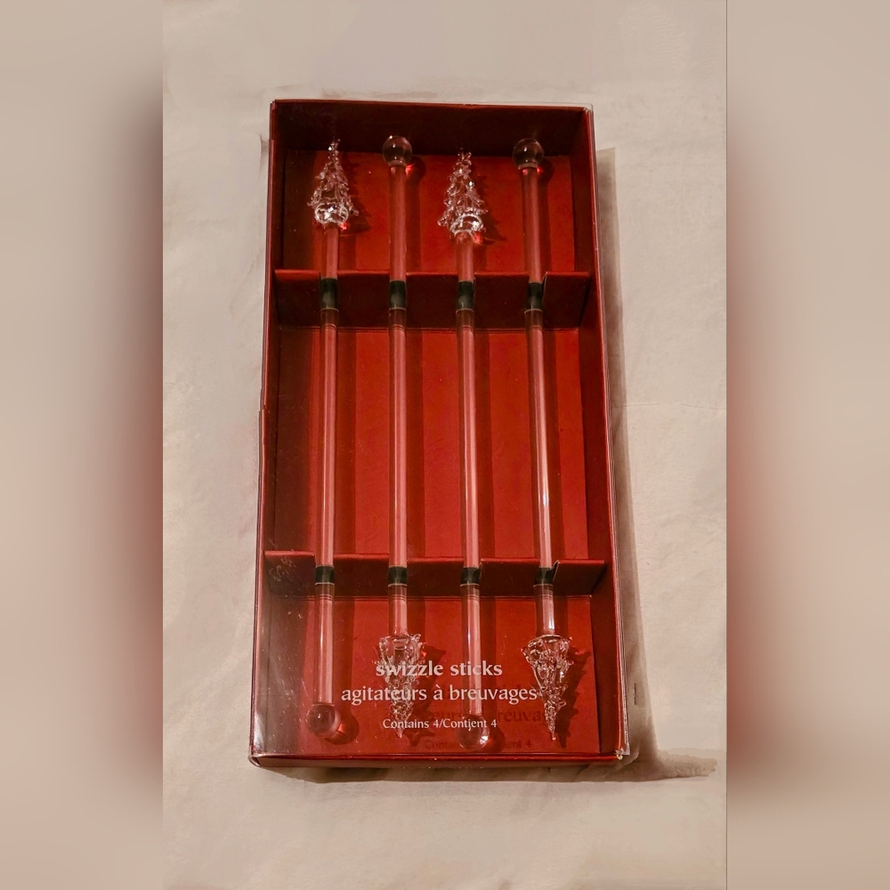 🥳*FREE WITH ANY PURCHASE❄️ NIB: 4 Holiday Glass Swizzle Sticks; Pier 1 Imports
